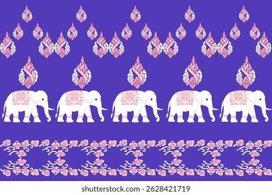 Um padrão tradicional de vetor tailandês com elefantes brancos adornados com intrincados desenhos florais rosa, combinados com motivos de chama kanok rosa e branco em um fundo roxo vívido. Este elegante e c