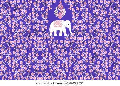 Um padrão tradicional de vetor tailandês com elefantes brancos adornados com intrincados desenhos florais rosa, combinados com motivos de chama kanok rosa e branco em um fundo roxo vívido. Este elegante e c