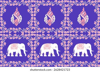Um padrão tradicional de vetor tailandês com elefantes brancos adornados com intrincados desenhos florais rosa, combinados com motivos de chama kanok rosa e branco em um fundo roxo vívido. Este elegante e c