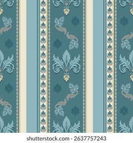 Traditional Thai vertical floral pattern in teal and beige, featuring ornamental curves and lotus-inspired elements. Ideal for wallpaper, textile, and cultural decoration use.