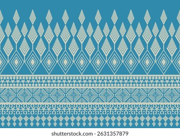 A traditional Thai-inspired geometric pattern in ivory on a vibrant blue background. The design features symmetrical motifs, intricate diamonds, and repeating shapes ideal for textiles 
