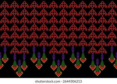 Um padrão tradicional de arte em pixels inspirado na Tailândia com motivos geométricos vibrantes em vermelho, verde, amarelo e roxo em um fundo preto profundo. Este design étnico sem costura mistura o povo do Sudeste Asiático