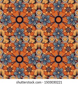 Traditional Thailand background and texture with grid. Line thai seamless pattern in orange, gray and yellow colors. Pattern thai silk style vector design for printing, fabric or textile.