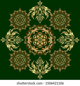 Traditional Thailand background and texture with grid. Pattern thai silk style vector design for printing, fabric or textile. Line thai seamless pattern in green and golden colors.