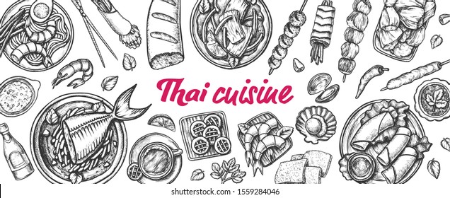 Traditionelle thailändische Küche Monochrome Set Vektorillustration. Suppen mit Fisch und Garnelen, Frühlingsrollen und Kekse Auswahl Küche. Gravieren eines Layouts in Schwarzweiß- und Weißillustrationen im Vintage-Stil