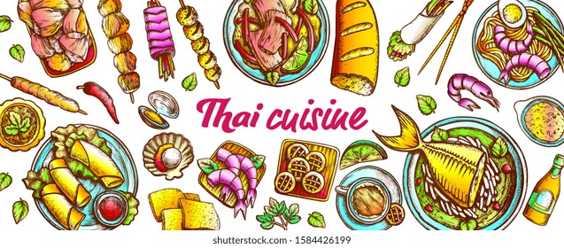 Traditional Thailand Cuisine Set Vector. Soup With Fish And Shrimp, Spring Roll And Cookies Assortment Cuisine. Engraving Layout Designed In Vintage Style Color Illustrations