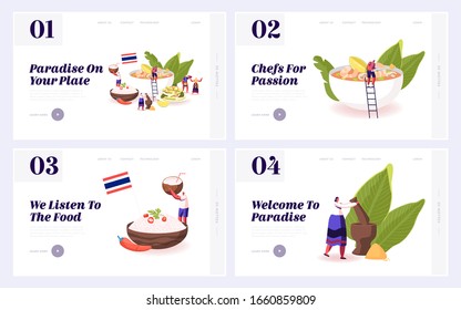 Traditional Thailand Dishes Website Landing Page Set. People Eat and Cook Tom Yam Kung Soup with Shrimps, Rice in Bowl, Salad with Nuts and Cucumbers Web Page Banner. Cartoon Flat Vector Illustration