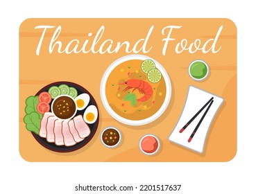 Traditional Thailand Food Template Cartoon Hand Drawn Illustration Various of Thai Cuisine Design