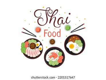 Traditional Thailand Food Template Cartoon Hand Drawn Illustration Various of Thai Cuisine Design