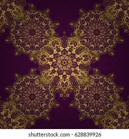 Traditional Thailand golden background and texture with grid. Golden pattern thai silk style vector design for print, fabric or textile. Line thai seamless pattern golden on a purple backdrop.