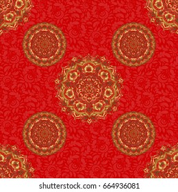 Traditional Thailand golden background and texture with grid. Golden pattern thai silk style vector design for print, fabric or textile. Line thai seamless pattern golden on a red backdrop.