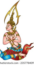 Traditional Thailand illustration angel fairy pray, Colorful graphic Buddhism religious.