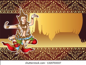 traditional Thailand illustration angel and temple with Thai flower frame