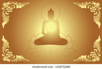 traditional Thailand illustration gold Buddha Siddhartha gautama with Thai flower frame
