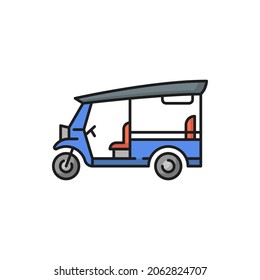 Traditional Thailand tuk tuk tricycle, beach car isolated color line icon. Vector automobile or bike with three wheels, famous retro tricycle. Popular transportation vehicle in Thai Phuket and Bangkok