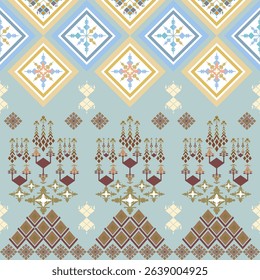 Traditional Thaitextile with geometric diamond motif and intricate embroidery in blue ,gold and brown tone. Inspired by Southeast Asian cultural art,this handwoven design is perfect for backgrounds