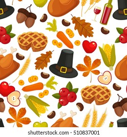 Traditional Thanksgiving day seamless background. Symbols of thanksgiving and family traditions elements for holiday design isolated on white background. Retro cartoon style vector illustration