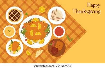 Traditionelles Thanksgiving Dinner Table Top View Flaches Design. Thanksgiving Essen Küche Gerichte Nahaufnahme Blick von oben Illustration