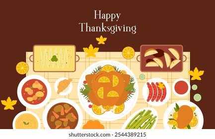 Traditional Thanksgiving Dinner Table Top View Flat Design. Thanksgiving Eating Cuisine Dishes Close Up View from Above Illustration