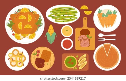 Traditional Thanksgiving Dinner Table Top View Flat Design. Thanksgiving Eating Cuisine Dishes Close Up View from Above Illustration
