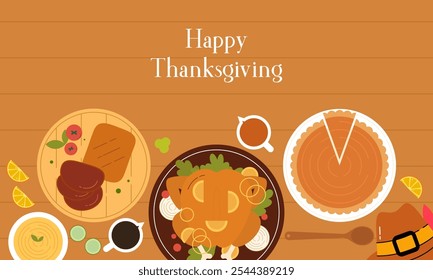 Traditional Thanksgiving Dinner Table Top View Flat Design. Thanksgiving Eating Cuisine Dishes Close Up View from Above Illustration