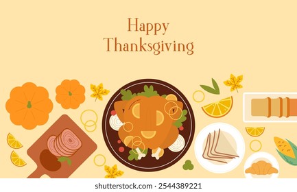 Traditional Thanksgiving Dinner Table Top View Flat Design. Thanksgiving Eating Cuisine Dishes Close Up View from Above Illustration