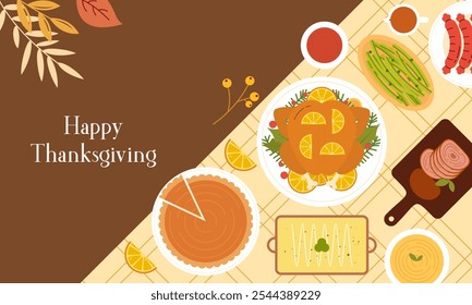 Traditional Thanksgiving Dinner Table Top View Flat Design. Thanksgiving Eating Cuisine Dishes Close Up View from Above Illustration