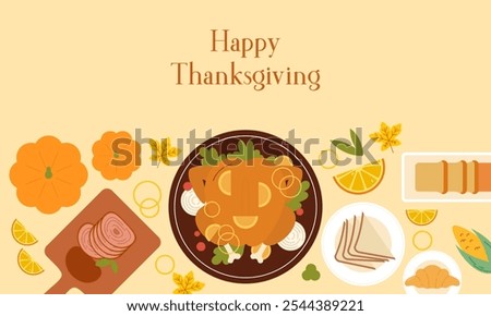 Traditional Thanksgiving Dinner Table Top View Flat Design. Thanksgiving Eating Cuisine Dishes Close Up View from Above Illustration