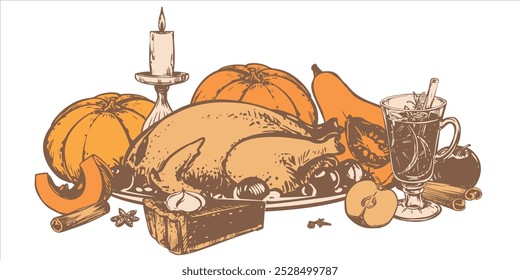 Traditional Thanksgiving dinner. Vector illustration in hand sketch style. Autumn pumpkin pie with whipped cream, mulled wine and baked turkey. Ink drawing in engraving style.