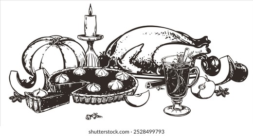 Traditional Thanksgiving dinner. Vector illustration in hand sketch style. Autumn pumpkin pie with whipped cream, mulled wine and baked turkey. Ink drawing in engraving style.