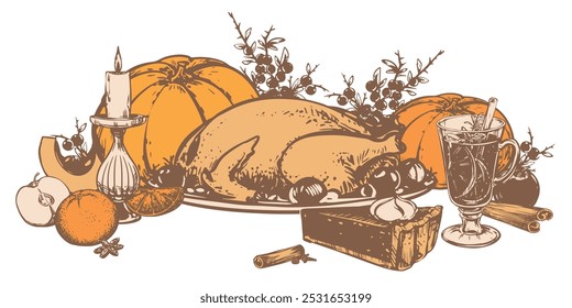 Traditional Thanksgiving dinner. Vector illustration in hand sketch style. Autumn pumpkin pie with whipped cream, mulled wine and baked turkey. Ink drawing in engraving style.