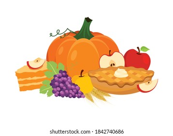 Traditional thanksgiving food and apple pie   pumpkin icon vector  Thanksgiving autumn harvest decoration icon isolated white background  Autumn food still life icon  Harvest festival clip art