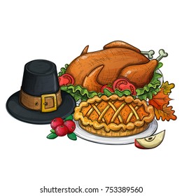 Traditional Thanksgiving food, colorful sketch illustration. Vector