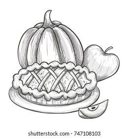 Traditional Thanksgiving food, sketch illustration. Vector.