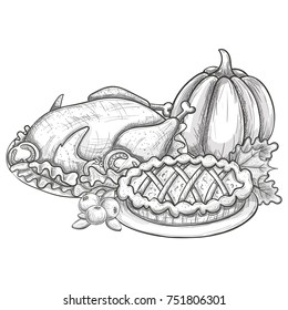 Traditional Thanksgiving food, sketch illustration. Vector