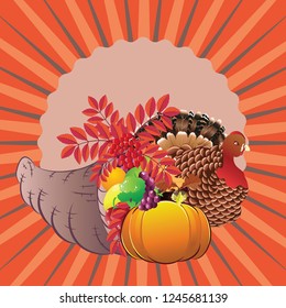 Traditional Thanksgiving horn of plenty, cornucopia and turkey cartoon illustration.