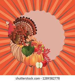 Traditional Thanksgiving horn of plenty, cornucopia and turkey cartoon illustration.