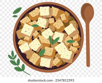 Traditional Thanksgiving stuffing with seasoned bread cubes and herbs in dish on transparent background.vector