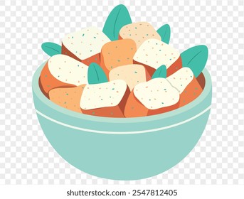 Traditional Thanksgiving stuffing with seasoned bread cubes and herbs in dish on transparent background.vector