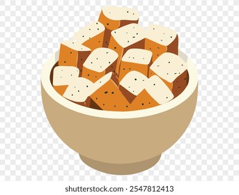 Traditional Thanksgiving stuffing with seasoned bread cubes and herbs in dish on transparent background.vector