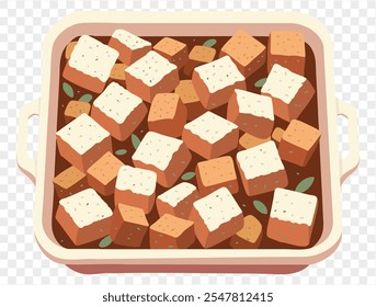 Traditional Thanksgiving stuffing with seasoned bread cubes and herbs in tray on a transparent background. Vector