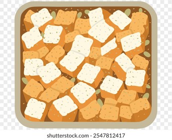 Traditional Thanksgiving stuffing with seasoned bread cubes and herbs in tray on a transparent background. Vector