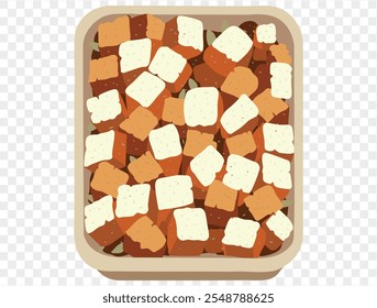 Traditional Thanksgiving stuffing with seasoned bread cubes and herbs in tray on a transparent background. Vector