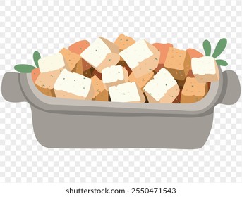 Traditional Thanksgiving stuffing with seasoned bread cubes and herbs in tray on a transparent background. Vector