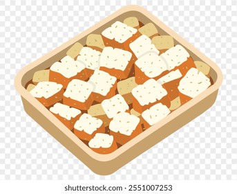 Traditional Thanksgiving stuffing with seasoned bread cubes and herbs in tray on a transparent background. Vector