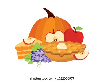 Traditional Thanksgiving Sweet Food Vector. Thanksgiving Day Meal Icon. Classic American Pie Clip Art. Apple Pie Icon Isolated On A White Background. Autumn Food Vector. Pumpkin And Fruitcake Icon