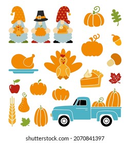 Traditional Thanksgiving symbols - pumpkins, turkey, gnomes, crops, farm truck, pie