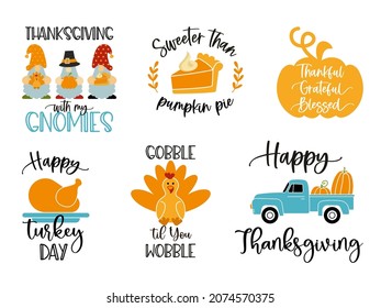 Traditional Thanksgiving symbols - pumpkins, turkey, gnomes, crops, farm truck, pie with Funny inscriptions