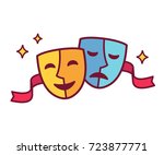 Traditional theater symbol, comedy and tragedy masks with red ribbon. Yellow happy and blue sad mask icon, vector illustration.