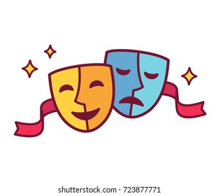 Traditional theater symbol, comedy and tragedy masks with red ribbon. Yellow happy and blue sad mask icon, vector illustration.